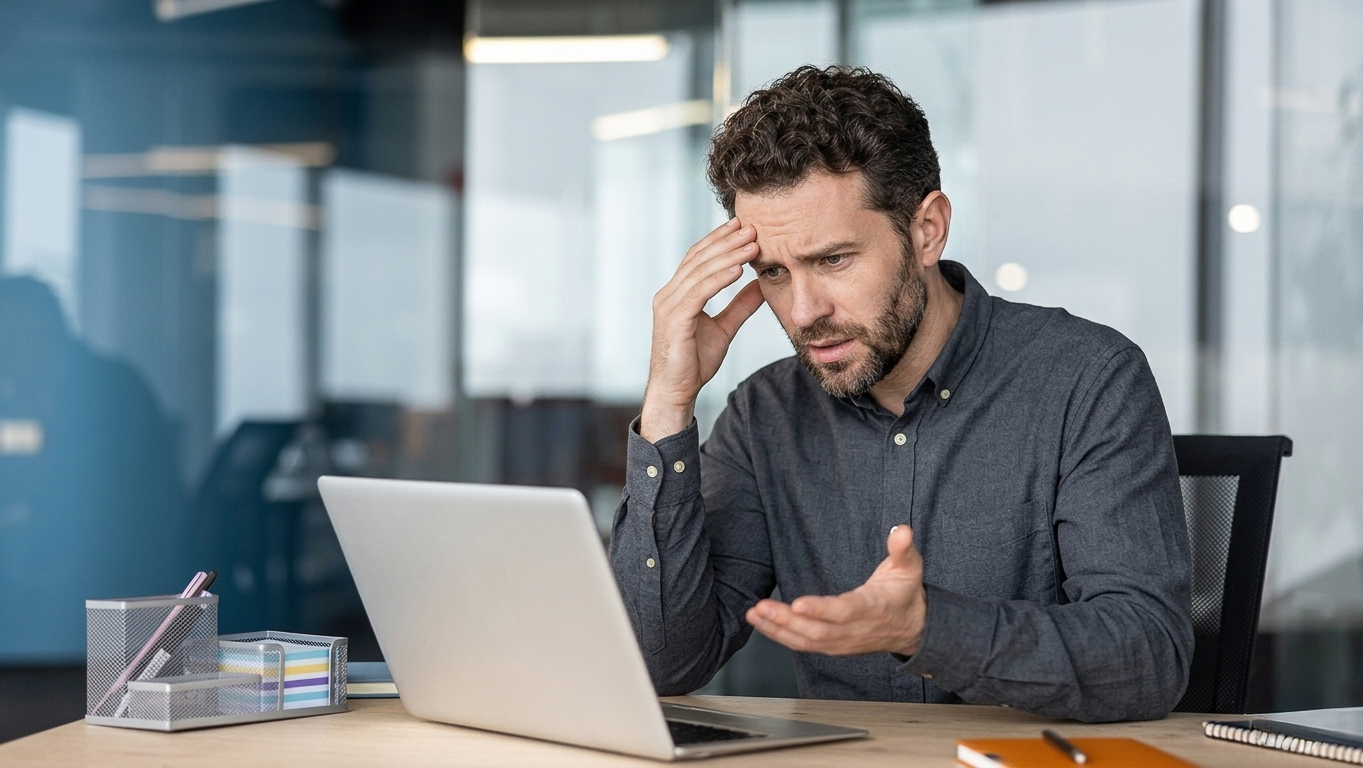 Imprenditore frustrato davanti a un report automatico illeggibile